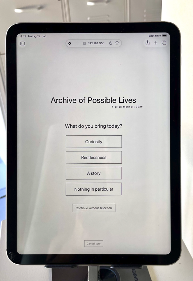 Close-up of the Archive of Possible Lives entrance interface