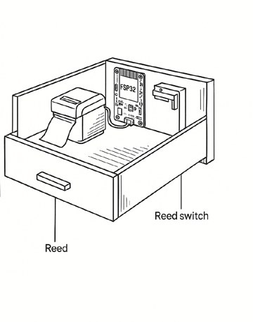 Technical drawing of drawer module with ESP32, thermal printer and reed sensor