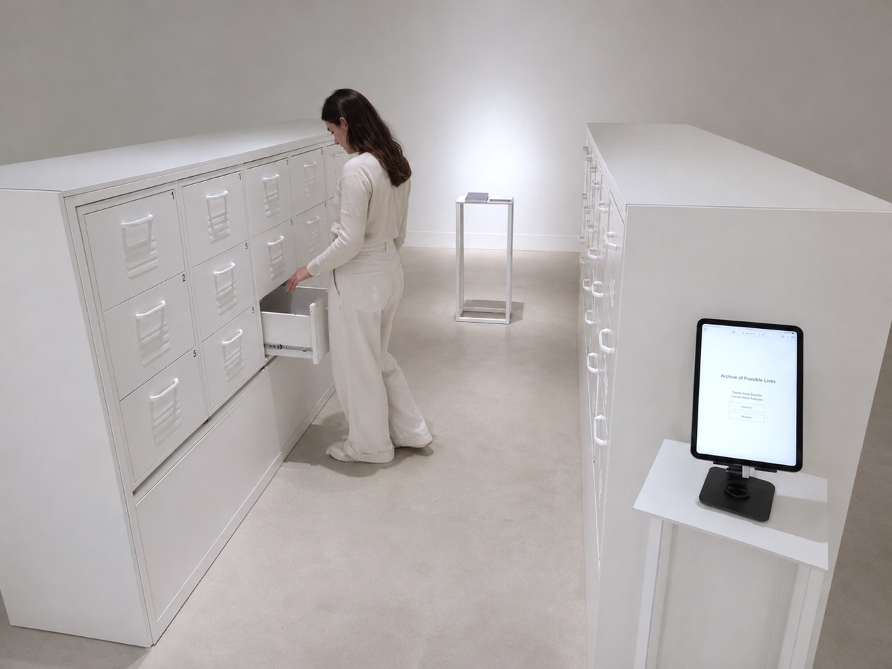 A visitor opens a drawer in the Archive of Possible Lives installation