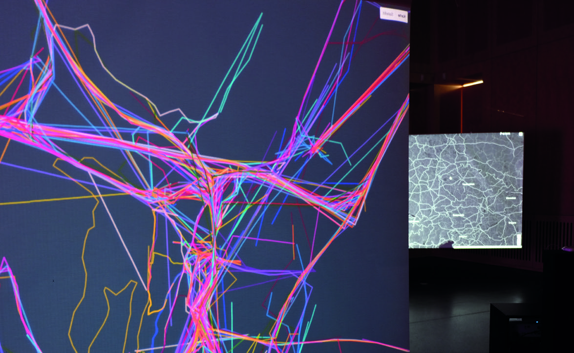 Projection of anonymized movement profiles from the Freiheit 2.0 app at StadtPalais Stuttgart